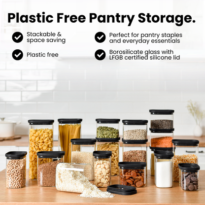 Rectangle Glass Pantry Storage Jars - Black - 18 Set