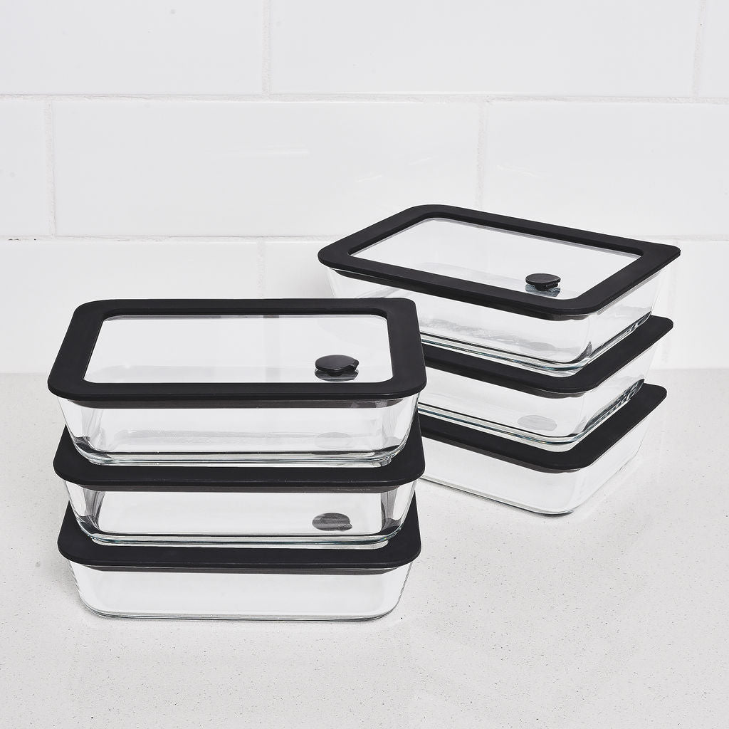 Glass Food Storage  Container 700ml Rectangle - 6 Set - Black