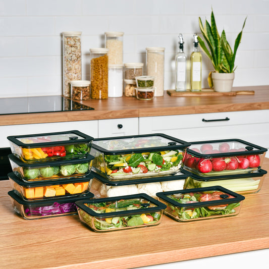 Meal Prep Glass Food Container - 10 Set Rectangle - Black