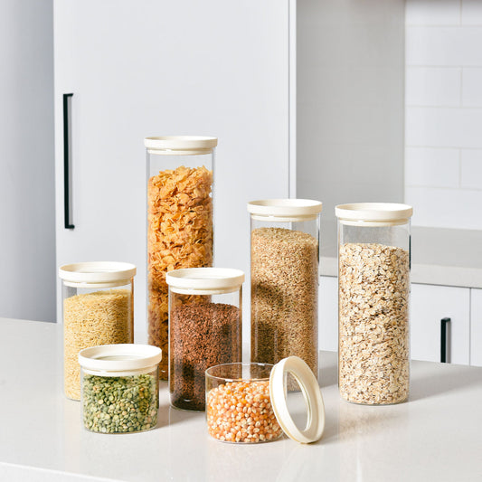 Glass Pantry Storage Jars - Cream - 7 Set Round