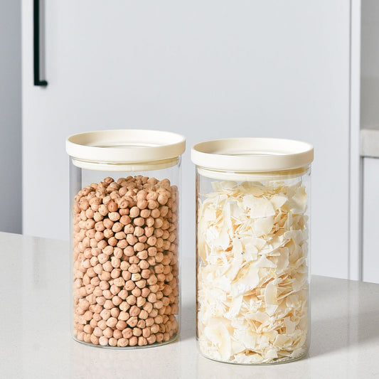 Glass Pantry Storage Jars 1L - Cream - 2 Set Round