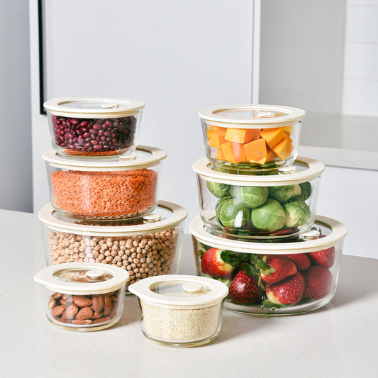 Glass Food Storage Containers Cream - 8 Set - Round