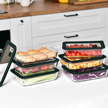 Glass Food Storage  Container 700ml Rectangle - 6 Set - Black