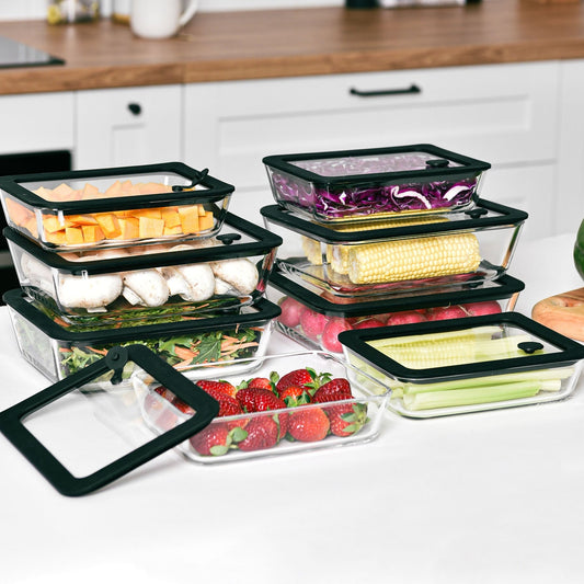 Meal Prep Glass Food Container - 8 Set Rectangle - Black