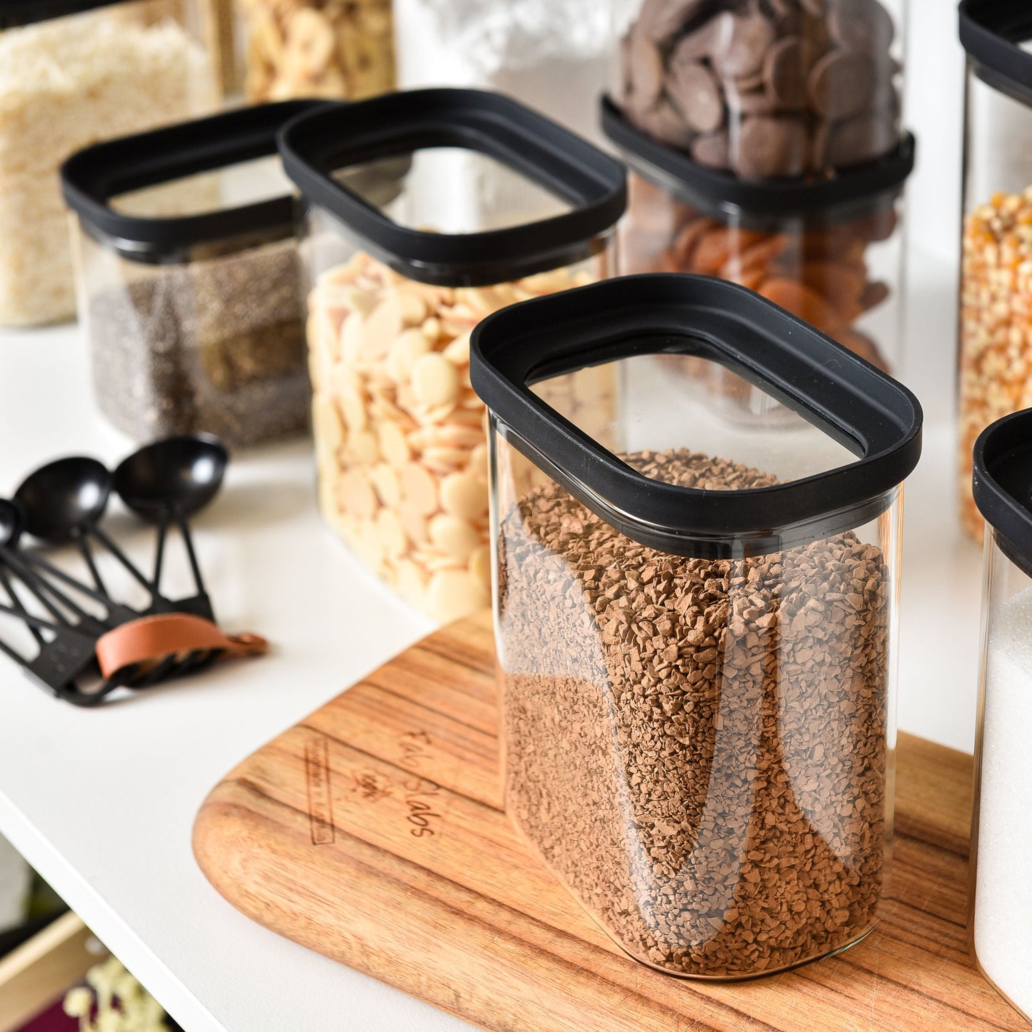 Rectangle Glass Pantry Storage Jars - Black - 18 Set