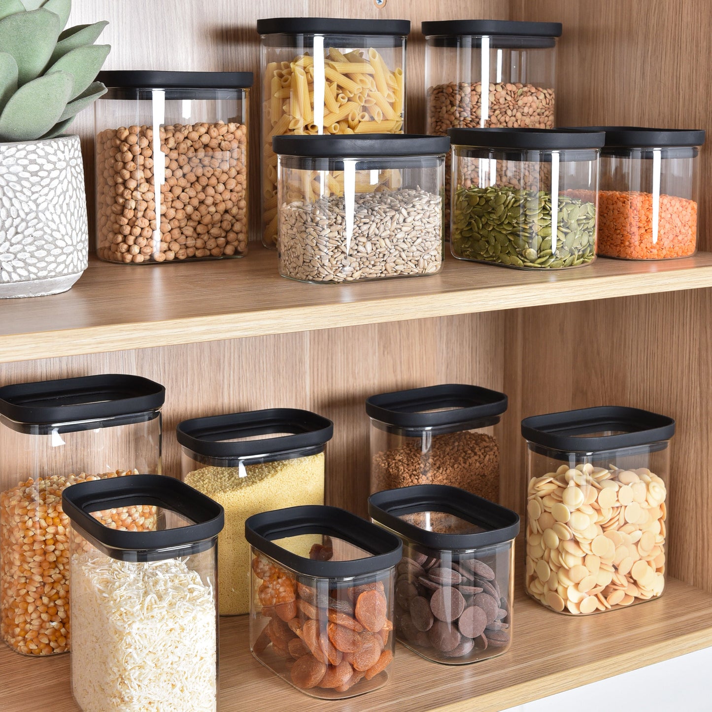 Rectangle Glass Pantry Storage Jars - Black - 18 Set