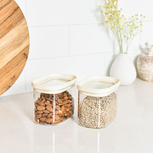 Rectangle Glass Pantry Storage Jars 650ml - Cream - 2 Set