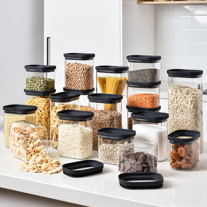 Rectangle Glass Pantry Storage Jars - Black - 18 Set