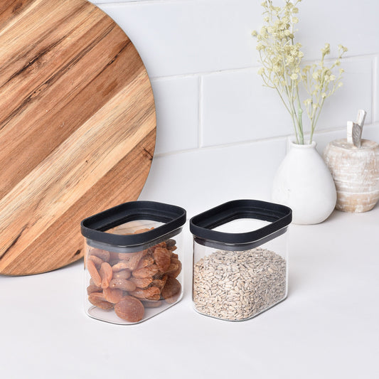 Rectangle Glass Pantry Storage Jars 650ml - Black - 2 Set