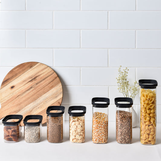 Rectangle Glass Pantry Storage Jars - Black - 7 Set