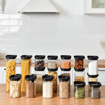 Rectangle Glass Pantry Storage Jars - Black - 18 Set