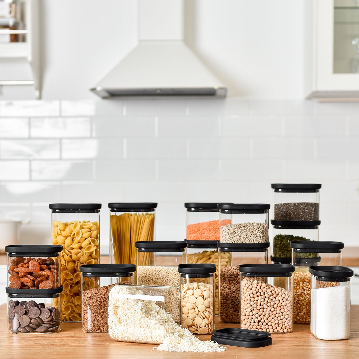 Rectangle Glass Pantry Storage Jars - Black - 18 Set