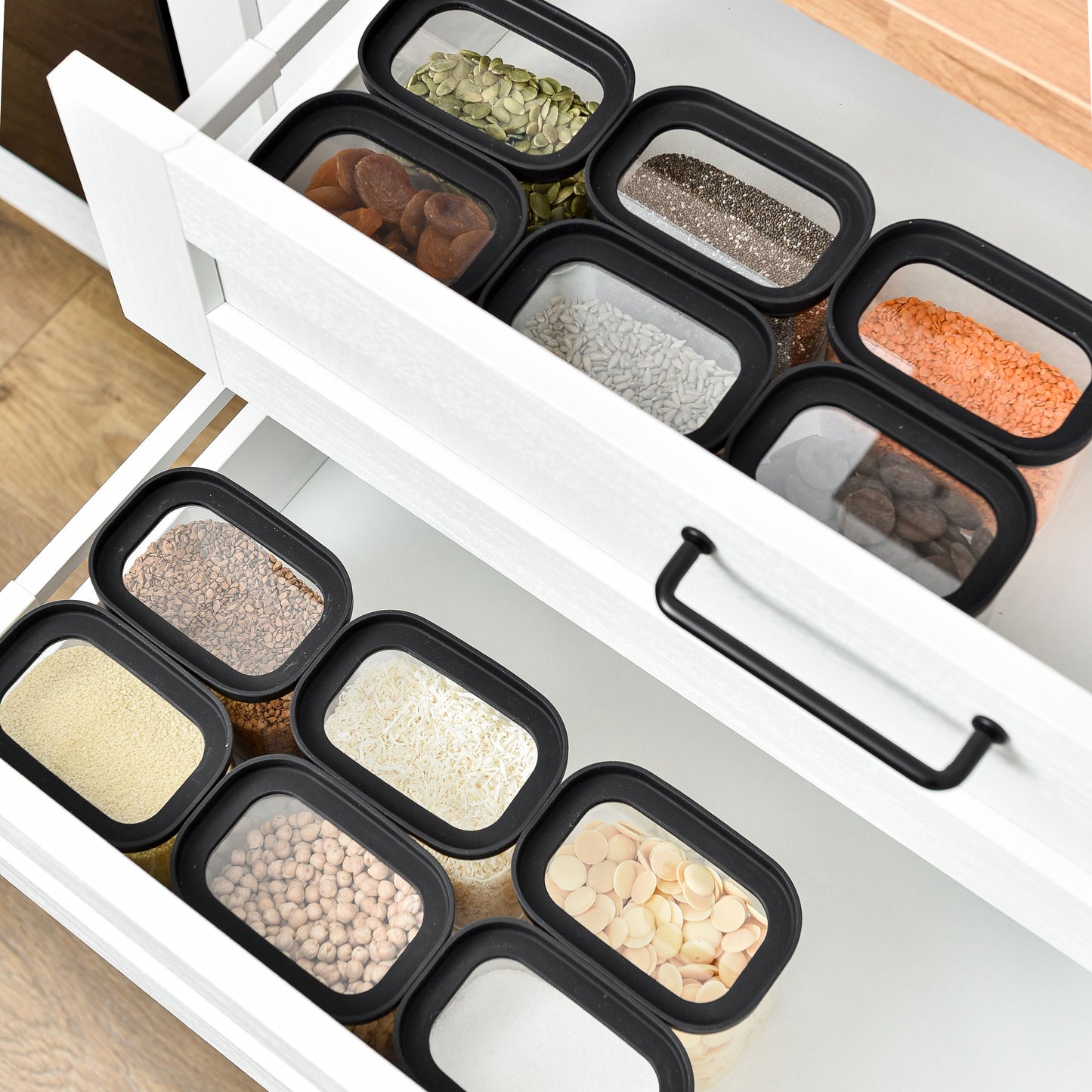 Rectangle Glass Pantry Storage Jars - Black - 18 Set