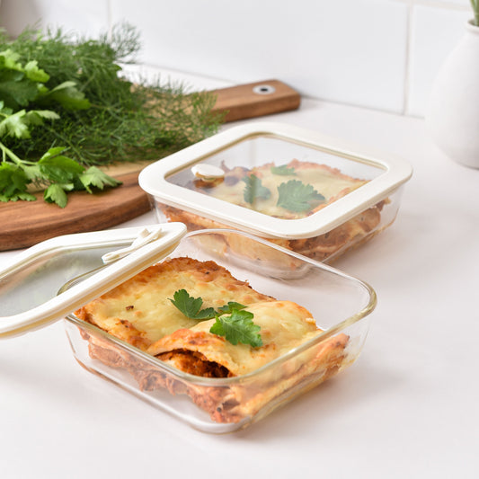 Glass Food Storage Containers 610ml - Cream - 2 Set Square