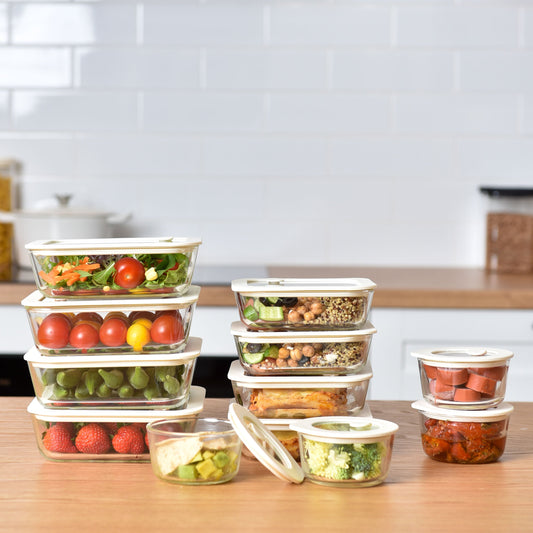Meal Prep Glass Food Storage Containers - 12 Set Cream - Square / Round