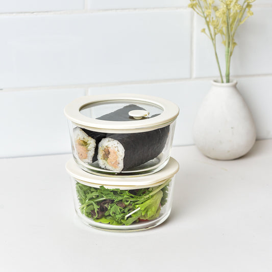 Glass Food Storage Containers 472ml - Cream - 2 Set Round