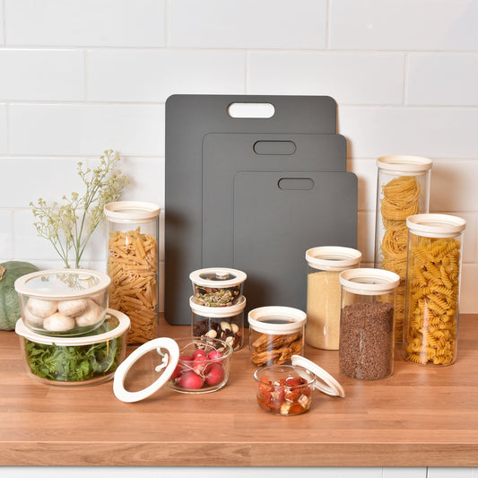 Round Meal Prep / Glass Pantry Jar / Chopping Board Bundle - Grey / Cream