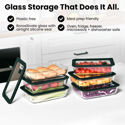 Glass Food Storage  Container 700ml Rectangle - 6 Set - Black