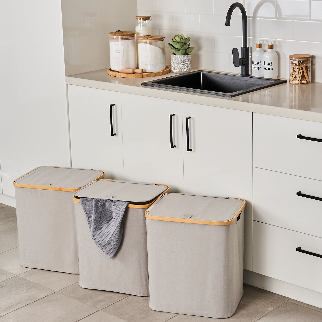 Laundry Basket w/ Lid Light Grey - 3 Set